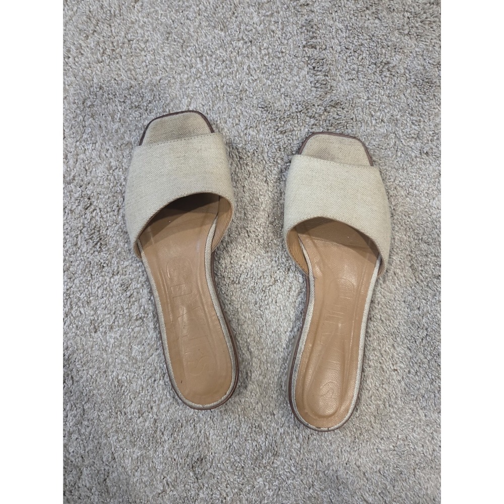 Staud Square Toe Canvas Slide Sandals Oatmeal‎ Beige Leather Flat Womens 39